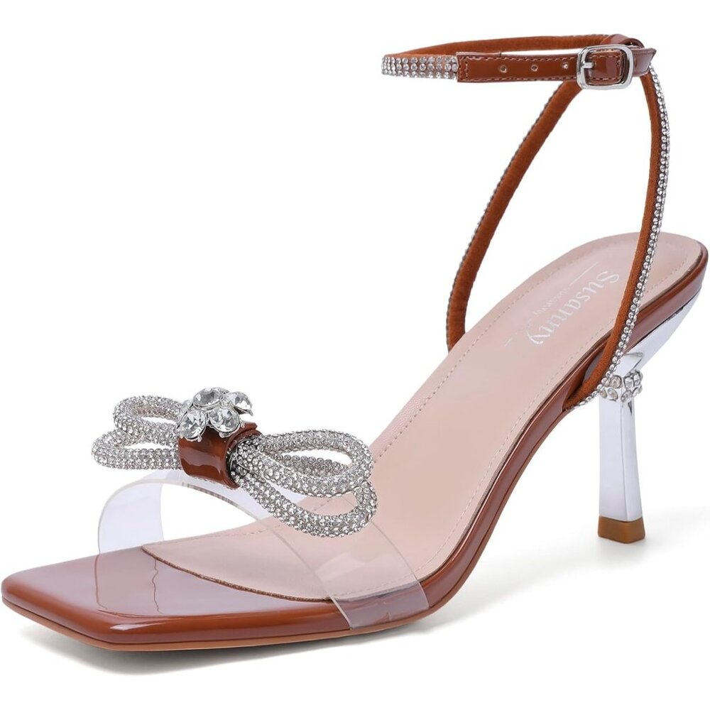 Women's Brown+bl Closed Toe Rhinestone Wedding Low Slingback Clear Kitten Heels - Picture 2 of 9